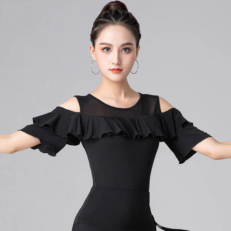 Women Latin Ballroom Costume Vestidos Baile Latino Top Female Sexy Off-the-shoulder Chiffon Ruffled Lace Sleeves Waltz Dancewear