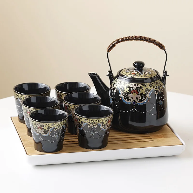 Glossy Ji‑Blue Ceramic Teapot Set, Large‑Capacity Japanese‑Style Bail‑Handle Teapot & Teacups Complete Tea Set