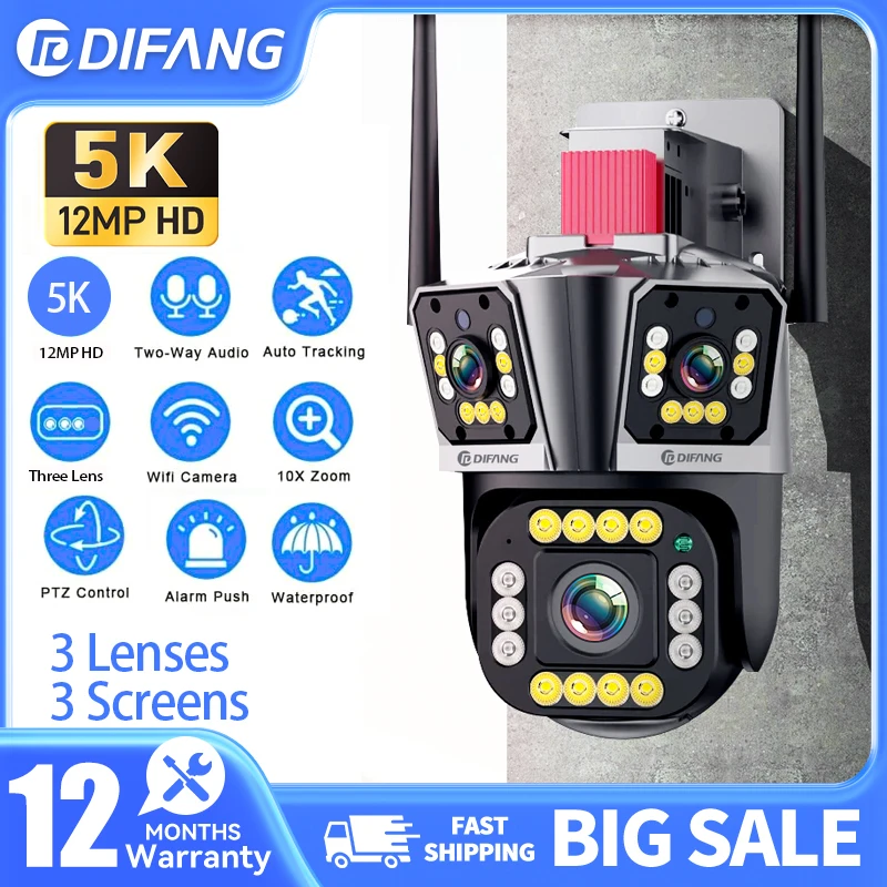 

Уличная Wi-Fi камера видеонаблюдения DIFANG 5K 12MP HD с 3 объективами, 3 экранами, PTZ-управлением, автоматическим отслеживанием, оповещением и водонепроницаемостью