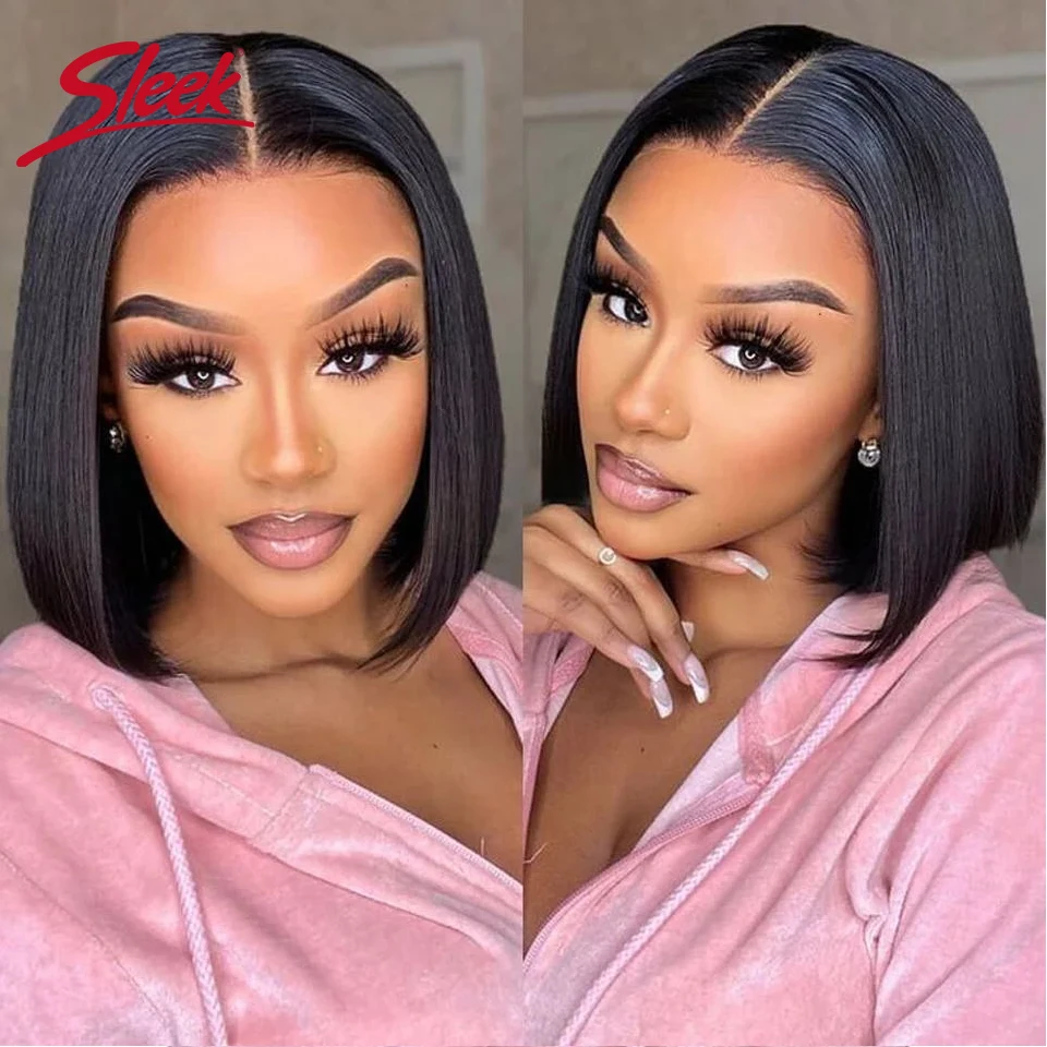 Sleek Remy Brazilian Straight Lace Bob Wigs Short Lace Part Human Hair Wigs 200% Density Cheap Nature Black Dark Human Hair Wigs