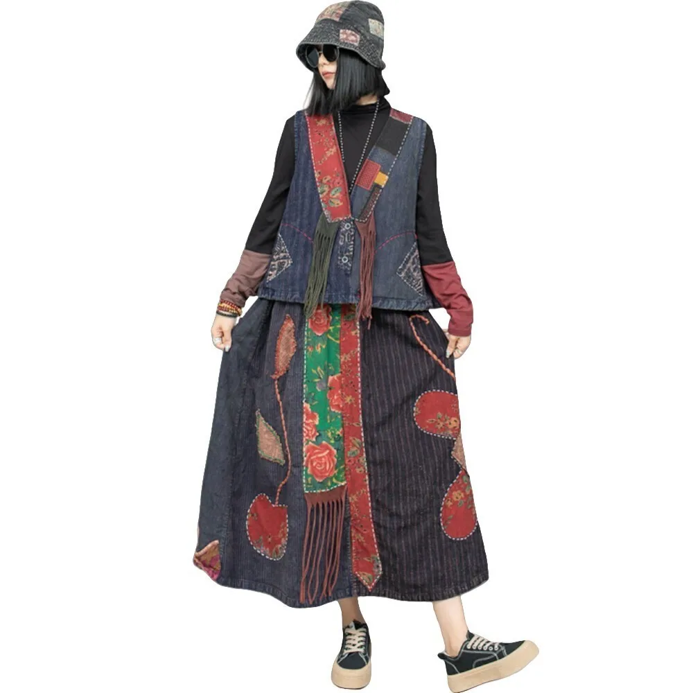 Ethnic Style Heavy Industry Hand Embroidered Old Cloth Cardigan Vest + Half Skirt Two-piece Set Women 2024 Autumn ZF215