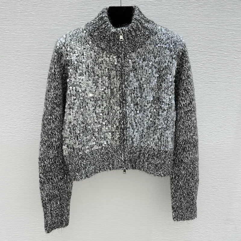

High-quality fully-studded sequin women's double-zip cardigan Fashionable and innovative luxury sweater 251016146