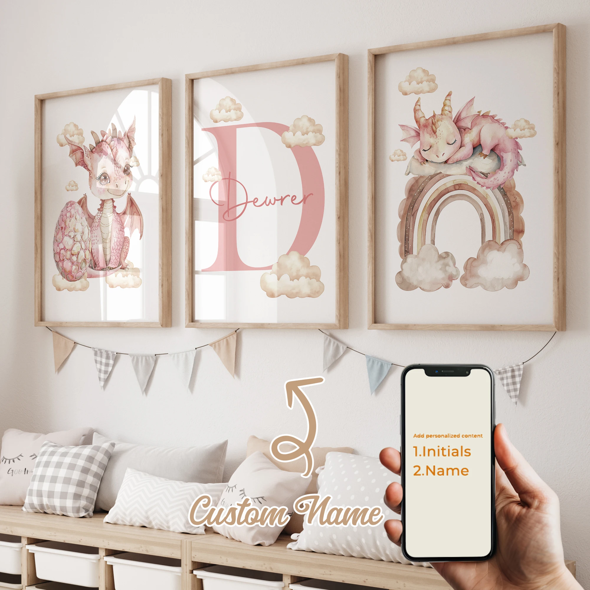 

3pcs Custom Kids Personalized Name Pink Dragon Story Girl Rainbow Gift Wall Art Print Picture Living Room Kids Room Home Decor