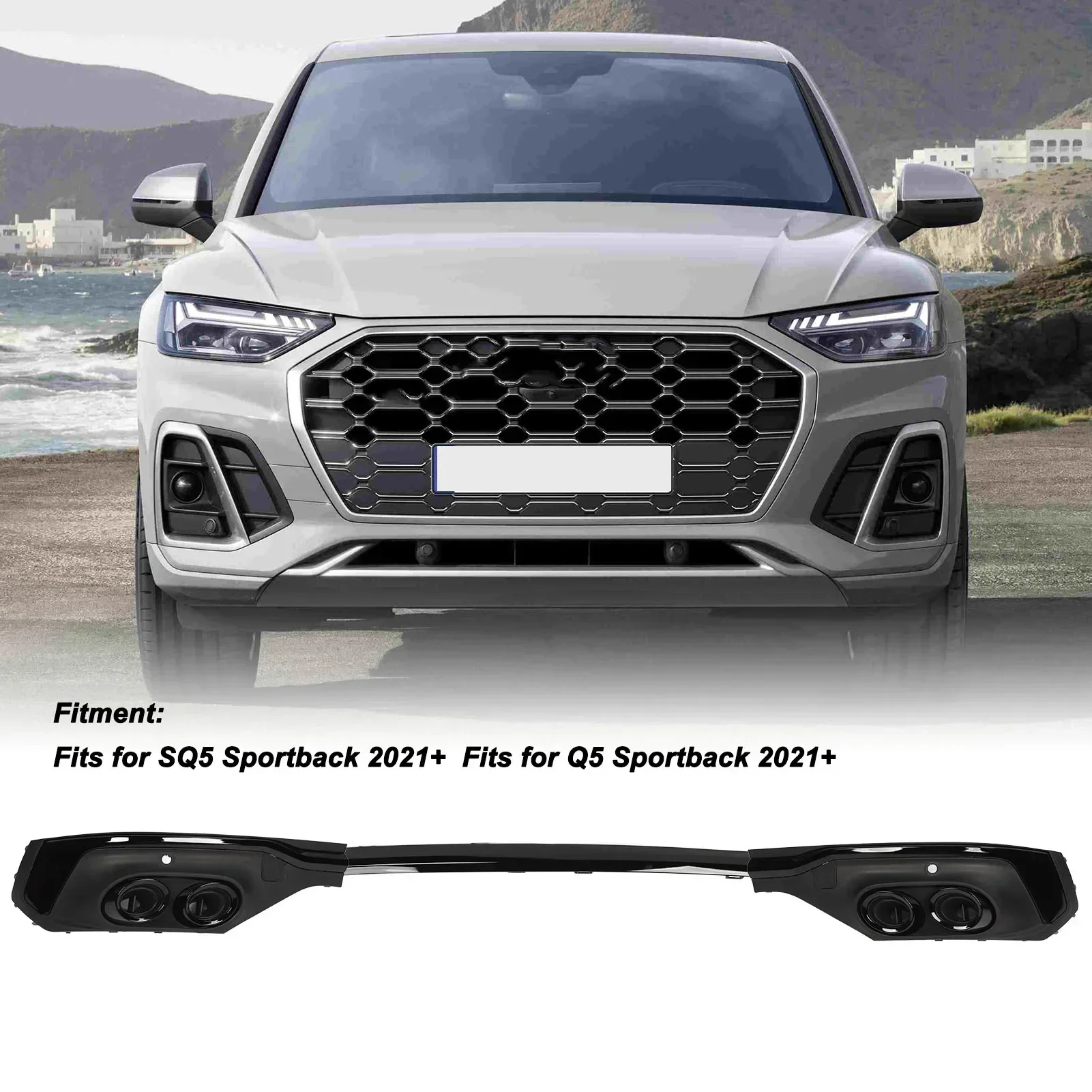 Black Rear Bumper Exhaust Pipe Diffuser Trim Glossy Black Lip Spoiler For Audi SQ5 Q5 Sportback 2021+