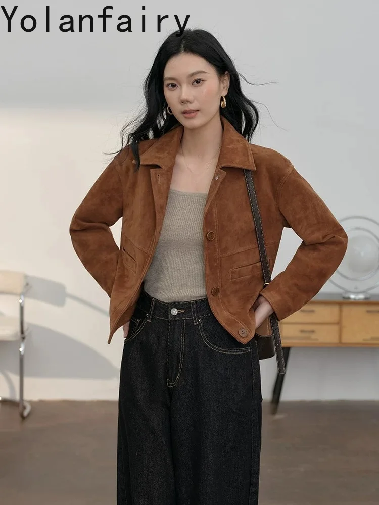 YOLANFAIRY Luxury Suede Sheepskin 100% Genuine Leather Jacket Women 2026 Short Fashion Real Leather Coat Woman Clothing chaqueta