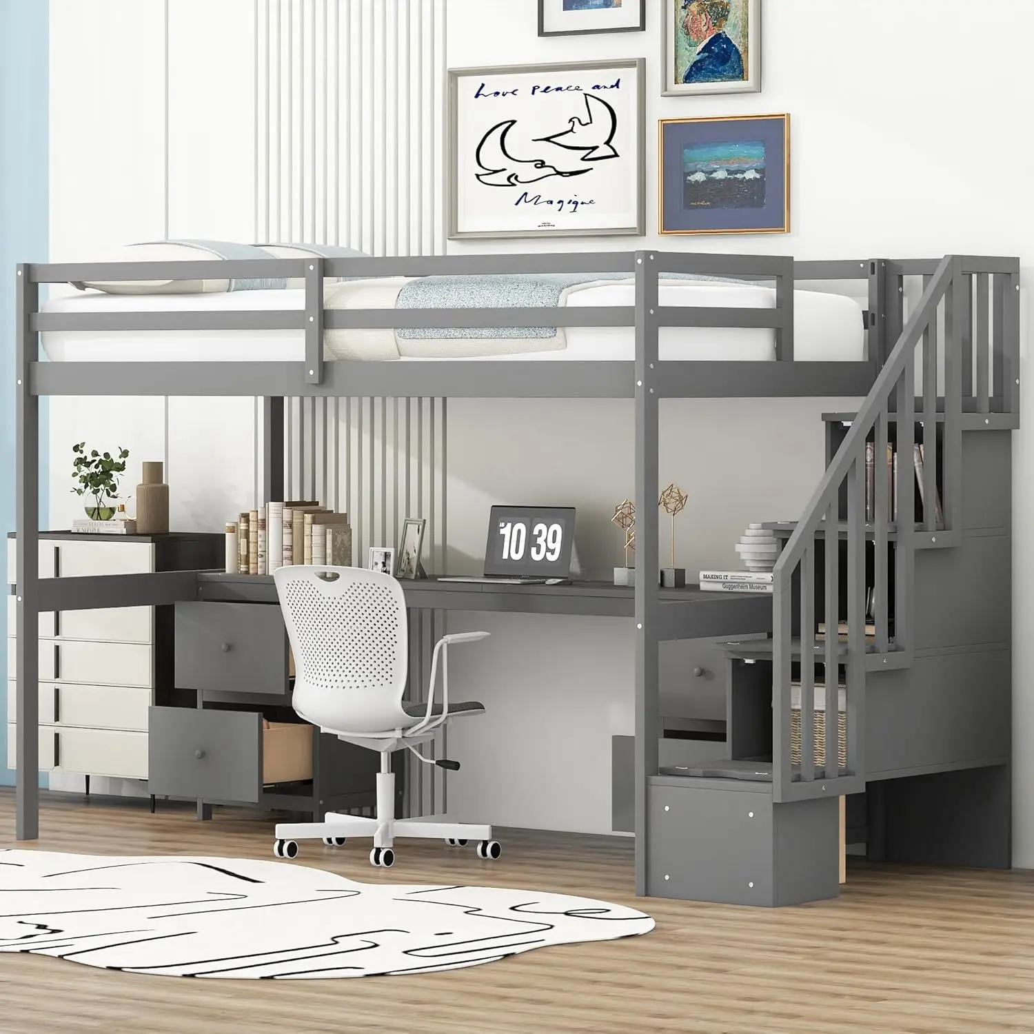 

Twin High Loft Bed with Desk and Storage Stairs, Wooden Loft Bed Frame with Drawers for Kids Teens, Grey, Customized