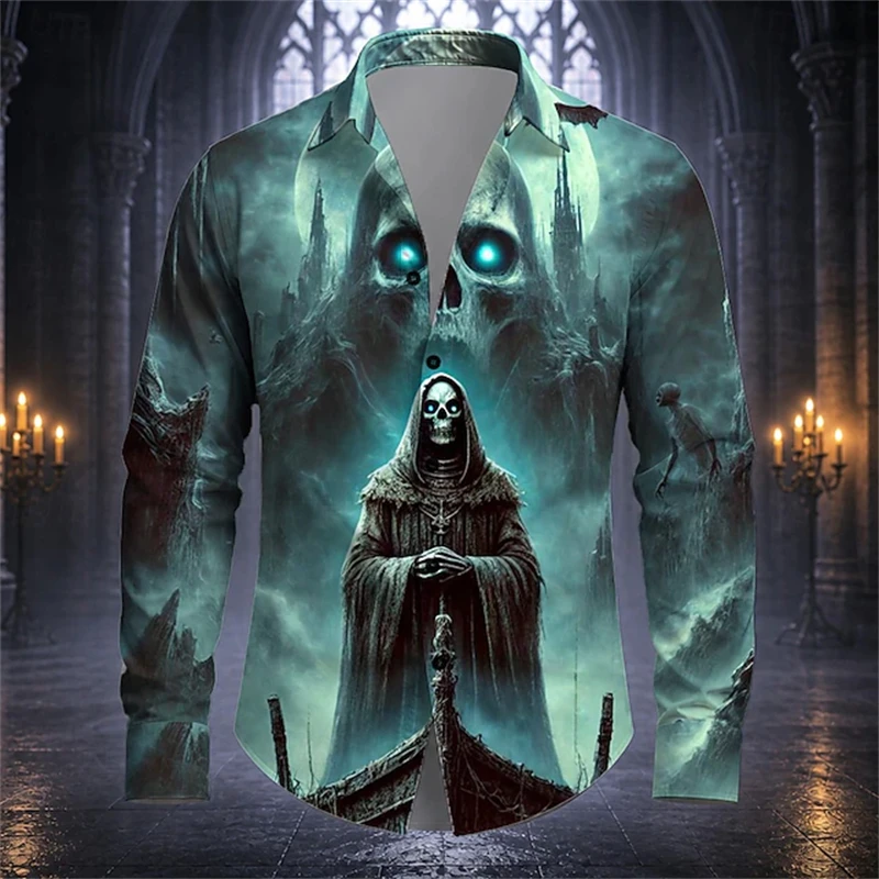 Fall Halloween Men's Long-Sleeve Shirt with Grim Reaper Skeleton Print Spooky Gothic-Style Button-Down Shirt for Holiday Parties