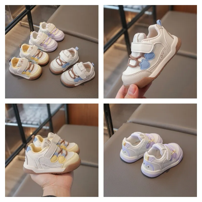 

Детская прогулочная обувь для детей 0-6 лет, желтые милые сетчатые детские туфли для мальчиков и девочек, светло-фиолетовые мягкие нескользящие детские кроссовки