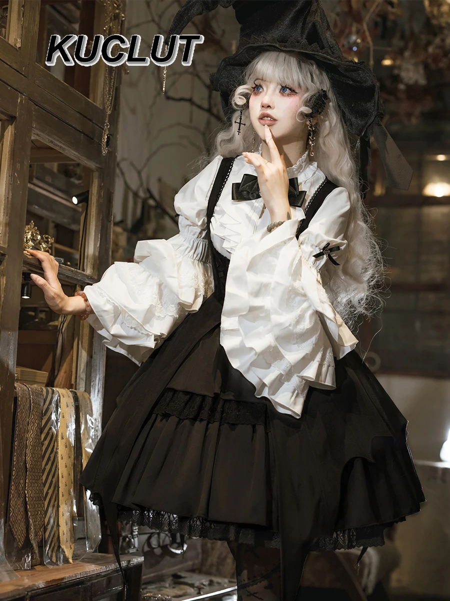 Original Lolita Gothic Fashion Long Sleeve Shirt Femme Spring and Autumn Solid Color Punk Y2k 2025 New Womens Tops