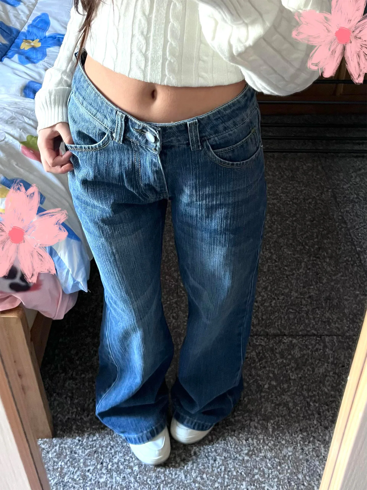 

Deep Blue Denim Jeans Women's Summer New Style Pear Shape Slimming Floor-Length American Wide Leg Narrow Version