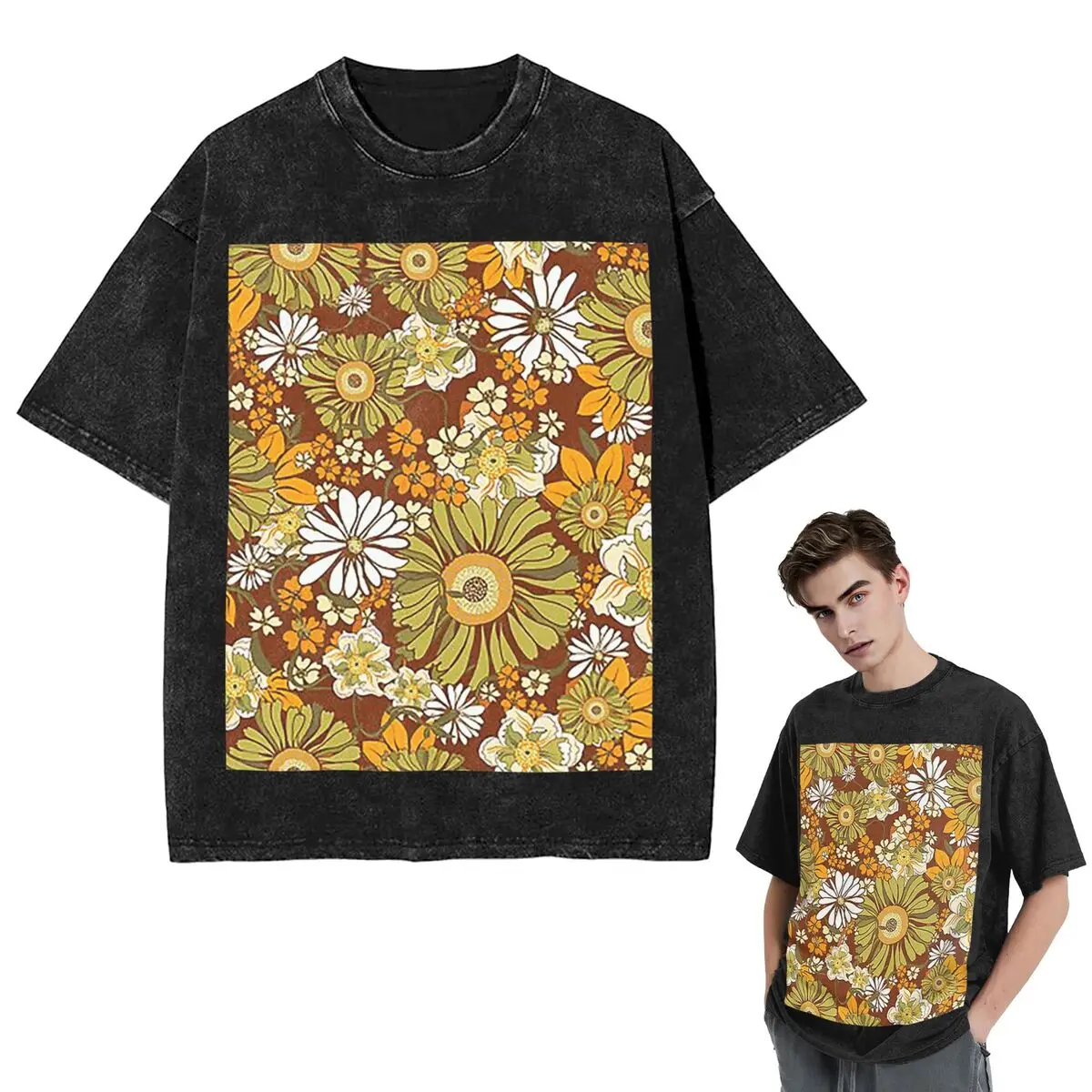 Streetwear T-Shirts 70s Retro Vintage Flower Power Pattern Boho Washed T Shirt Short Sleeve Hip Hop T-Shirt Tops Tees Men Women
