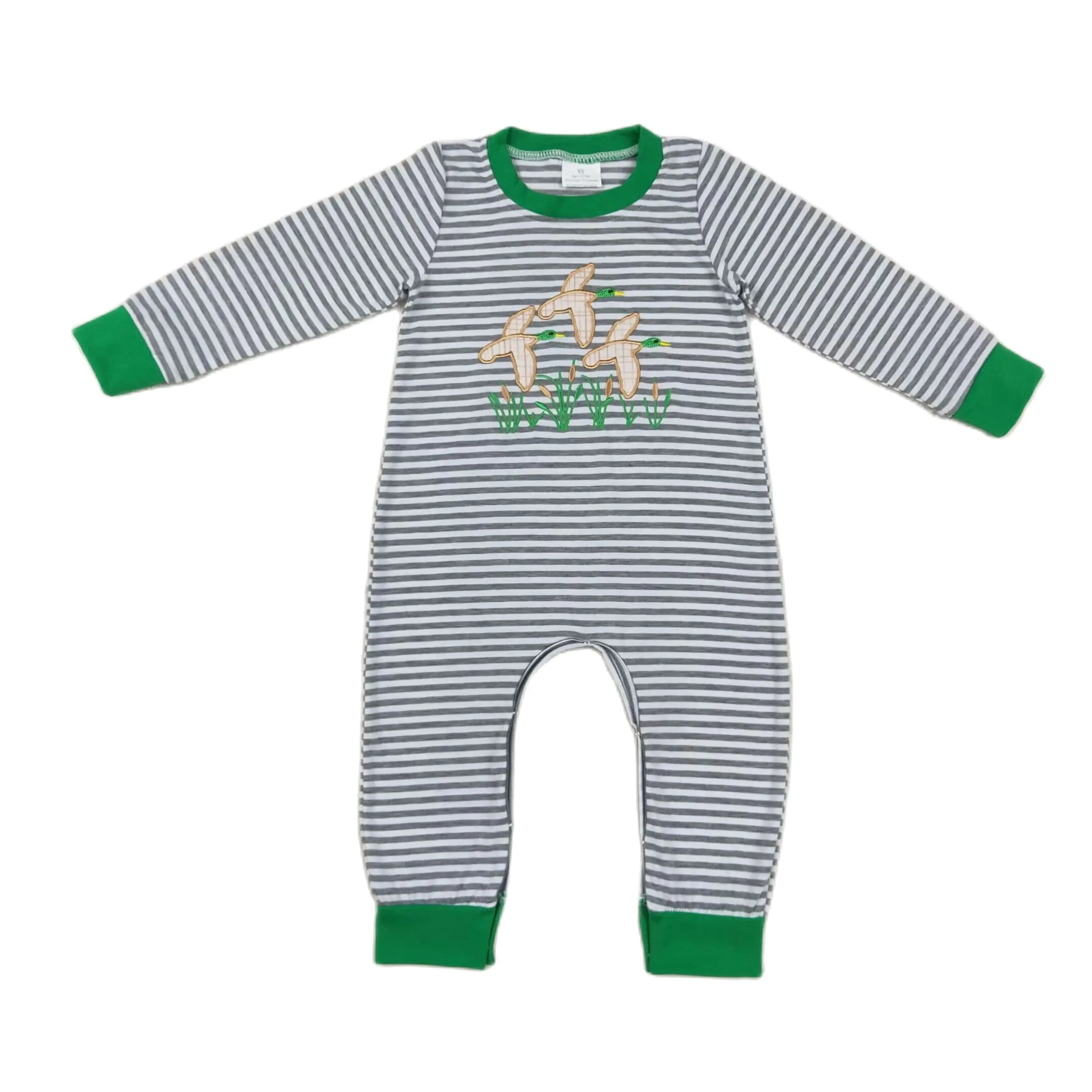 

Wholesale Newborn Coverall Bodysuit Long Sleeves Jumpsuit Baby Boy Toddler Embroidery Duck Green Stripes Romper Kids One-piece