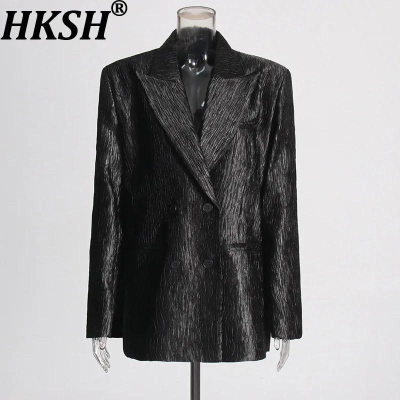 

HKSH Autumn New Women Stylish Luxury Blazer Pleated Double Breasted Turn-down Collar Elegant Temperament High Street Coat HK9050