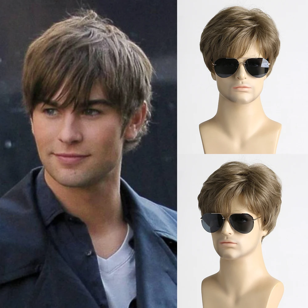 

Synthetic Hair Short Curly Brown Wig for men Layered Heat Resistant Wigs With Bangs For Daily Use