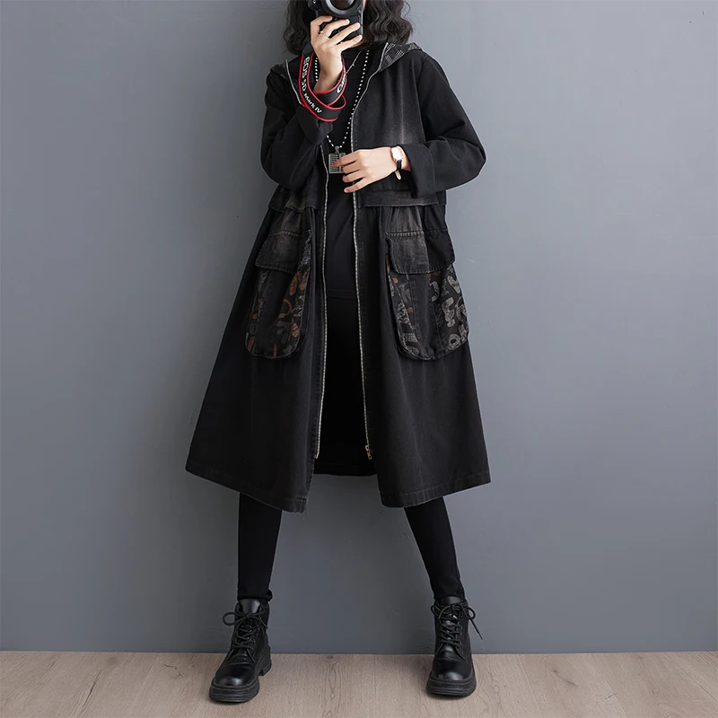 

Retro Waed Oversized Denim Jaet Early Spring Long Sve Hooded Coat Loose Fit Slimming Knee-Length Korean Casual Sle