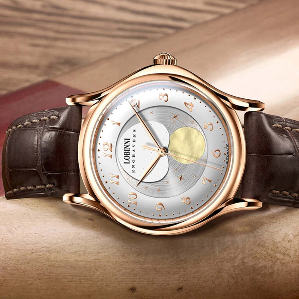 Lobinni 男性自動腕時計メンズムーンフェイズ 42 ミリメートル機械式腕時計 5BAR 防水サファイアスターダイヤル