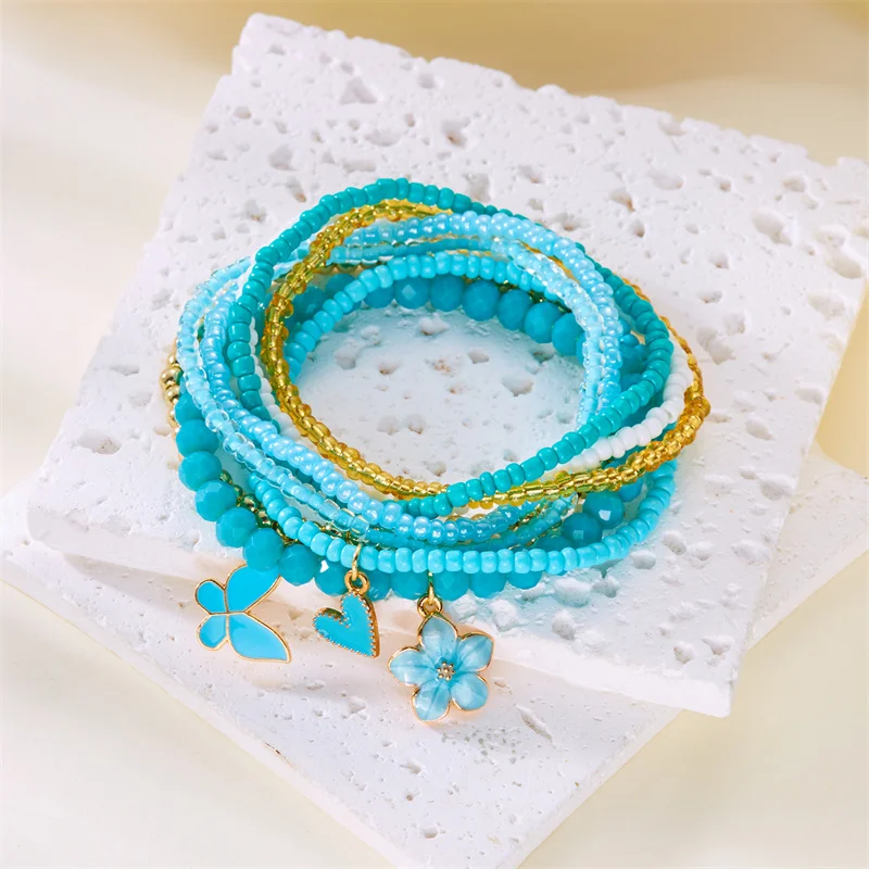 9-teiliges Set Böhmische Schmetterlings-Blumen-Anhänger-Armbänder für Frauen, Handgefertigte Reisperlen-Armbänder, Gestapelte Armbänder, Sommer-Strandparty-Schmuck – Detail 11