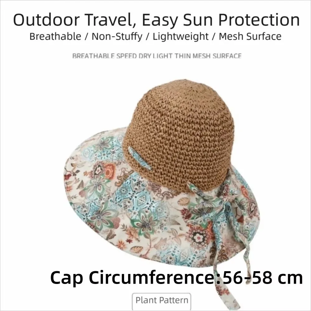 Ethnischer Stil, großer Strohhut mit breiter Krempe, exquisite Blumen, faltbarer Strandhut, UV-Schutz, atmungsaktiver Sonnenschutzhut für den Sommer – Detail 1