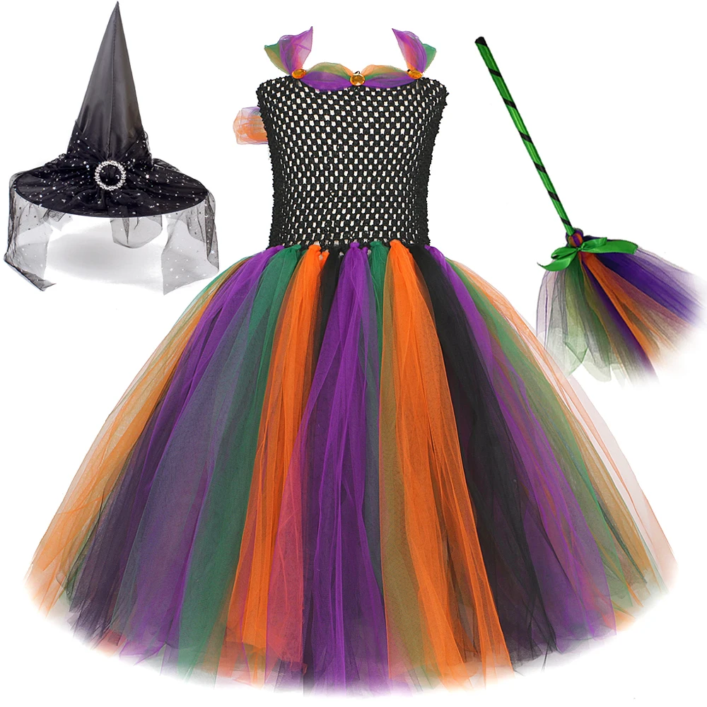 

Witch Halloween Costumes for Girls Kids Long Fancy Tutu Dress with Hat Broom Children Carnival Party Disguised Outfit Ball Gown