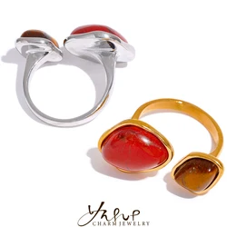 Yhpup Vintage Natural Stone Geometric PVD Gold Plated Stainless Steel Boho Ring Charm WaterProof Women Finger Jewelry кольцо