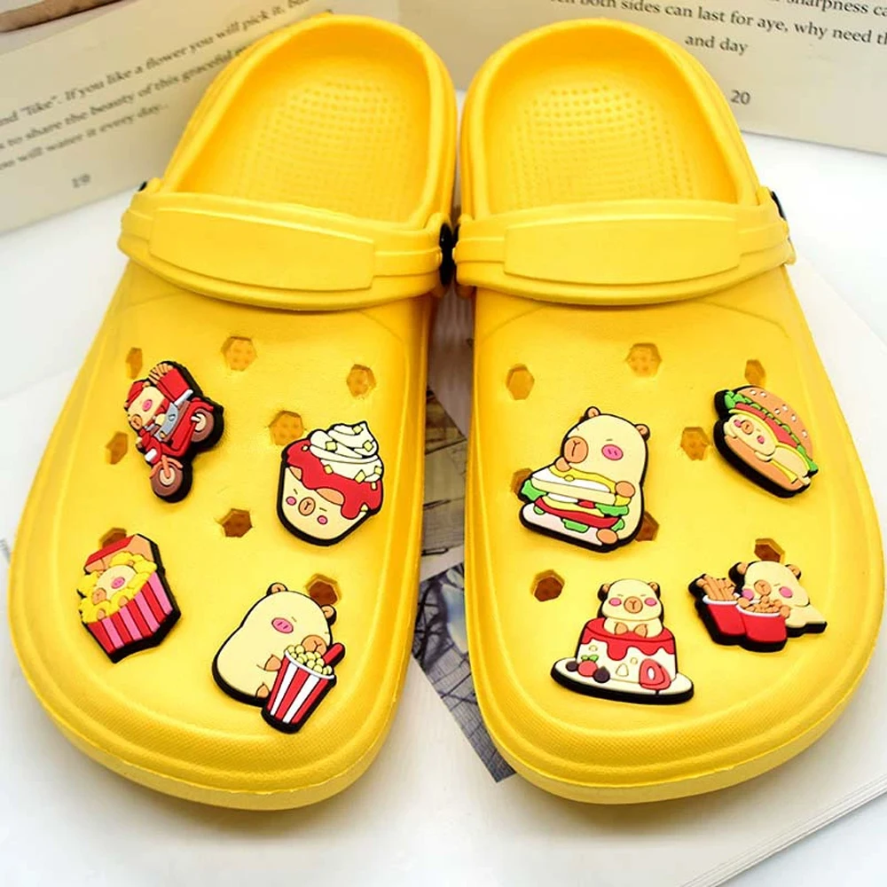 5-8PCS Cartoon Hamburger Fries capybara Food Shoe Charm Wholesale PVC Decor Buckle Clog Detachable DIY Waterproof To party Gift