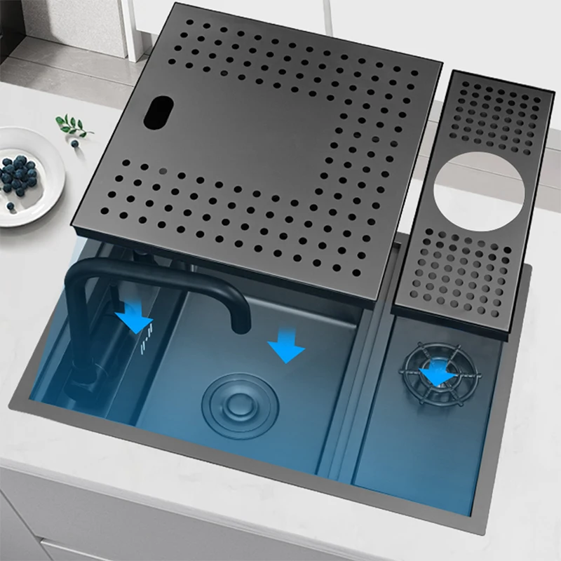 Nano Hidden Bar Kitchen Sink Black Folding Faucet Cup Washer Mini Single Bowl Basin Stainless Steel Soap Dispenser Accessories