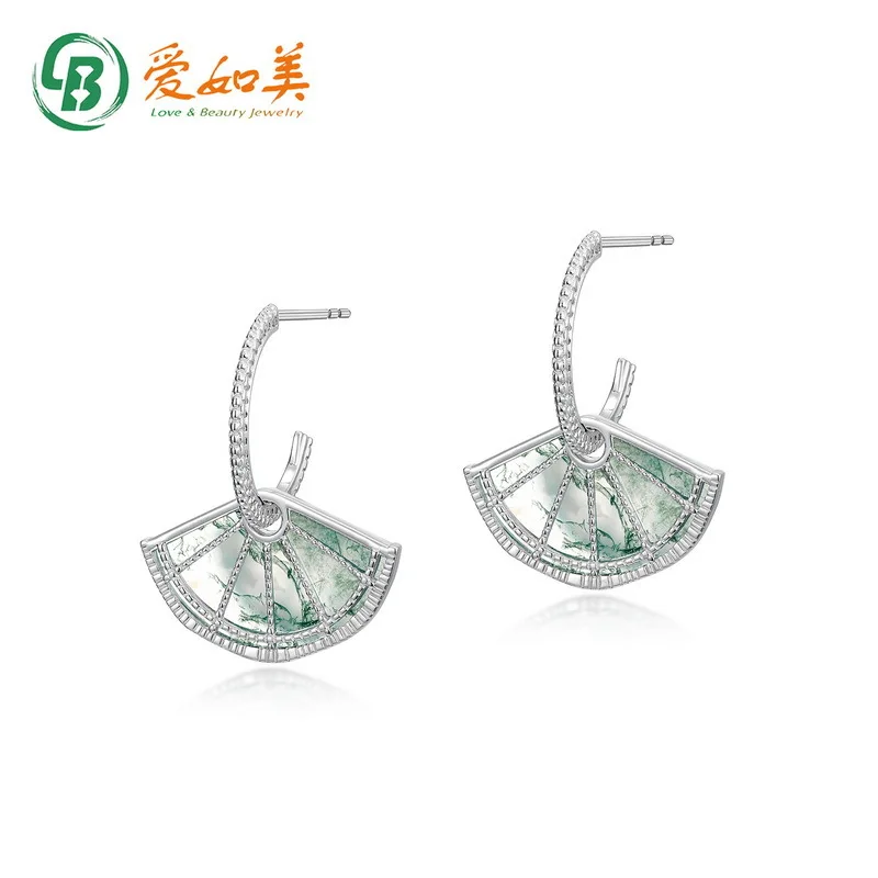 

New Chinese Style Retro Fan-shaped Green Moss Earrings 18K Gold PT950 Platinum Silver Plated 7-layer Gold Earrings, Niche