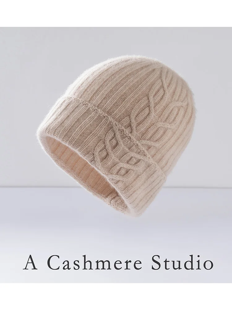 High-quality 100% High-Quality Cashmere Knitted Bonnet Winter thick Outdoor Warm Hat Leisure Rib Knitted Hat