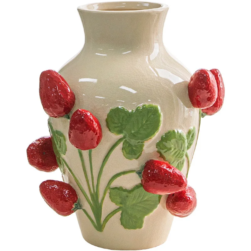 Embossed strawberry ceramic vase high-end living room hotel model room flower arrangement ornament