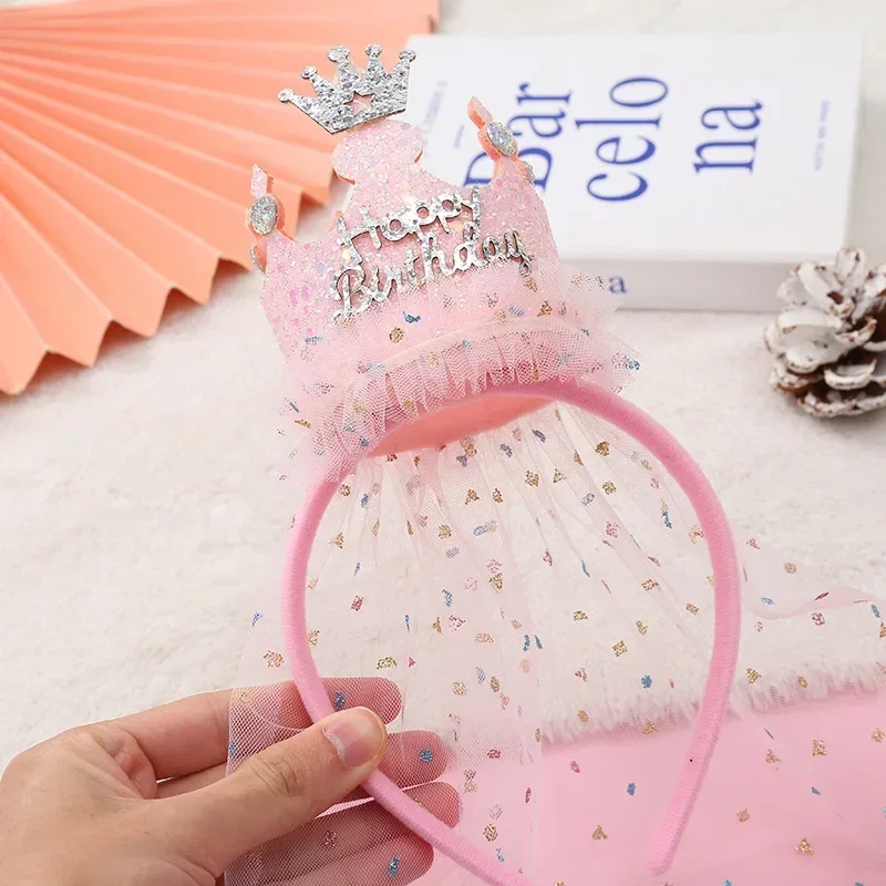 1 Pc Crown Cone Gauze Headband Princess Style Birthday Party Headwear Sequin Happy Birthday Hair Accessories Baby Girls Gift