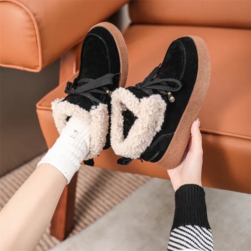 ZR DIARY Leather Snow Boots Women Cow Suede Platform Sole Round Toe Warm Fur Sewing Winter Ladies Shoes Handmade 3220-1