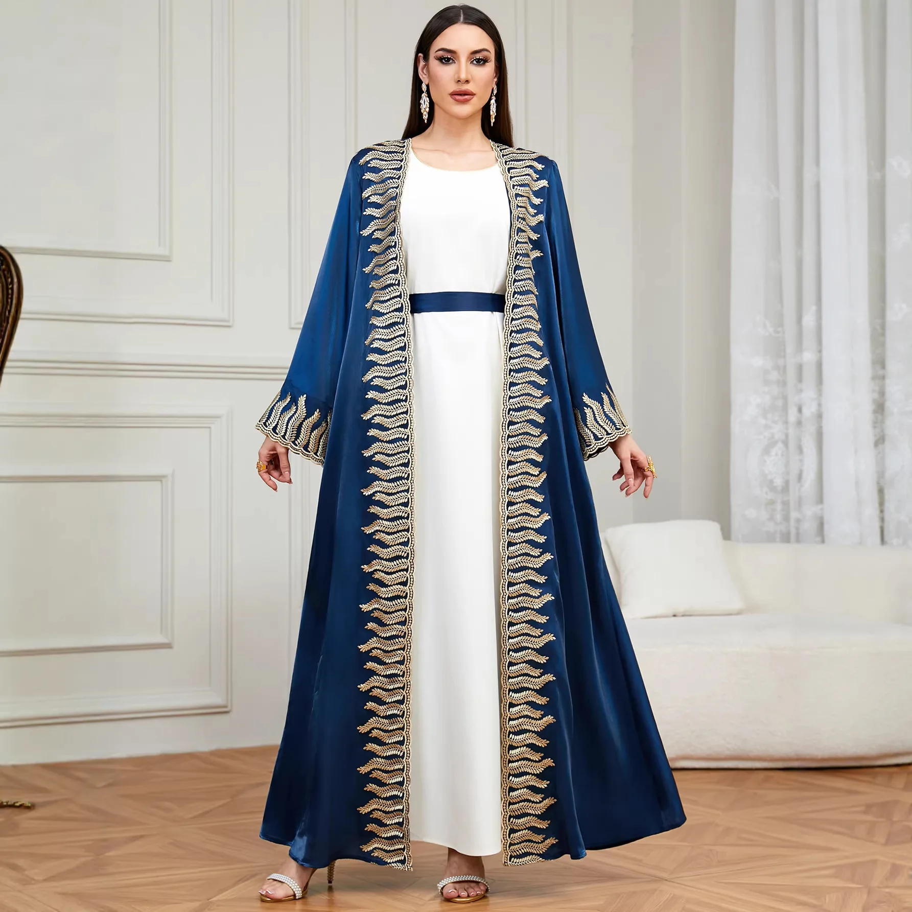 

9211 Women's Elegant Embroidered Two-piece Set Spring Summer Autumn Lightweight Cardigan Robe Ramadan Dubai Luxury Islam Elegant