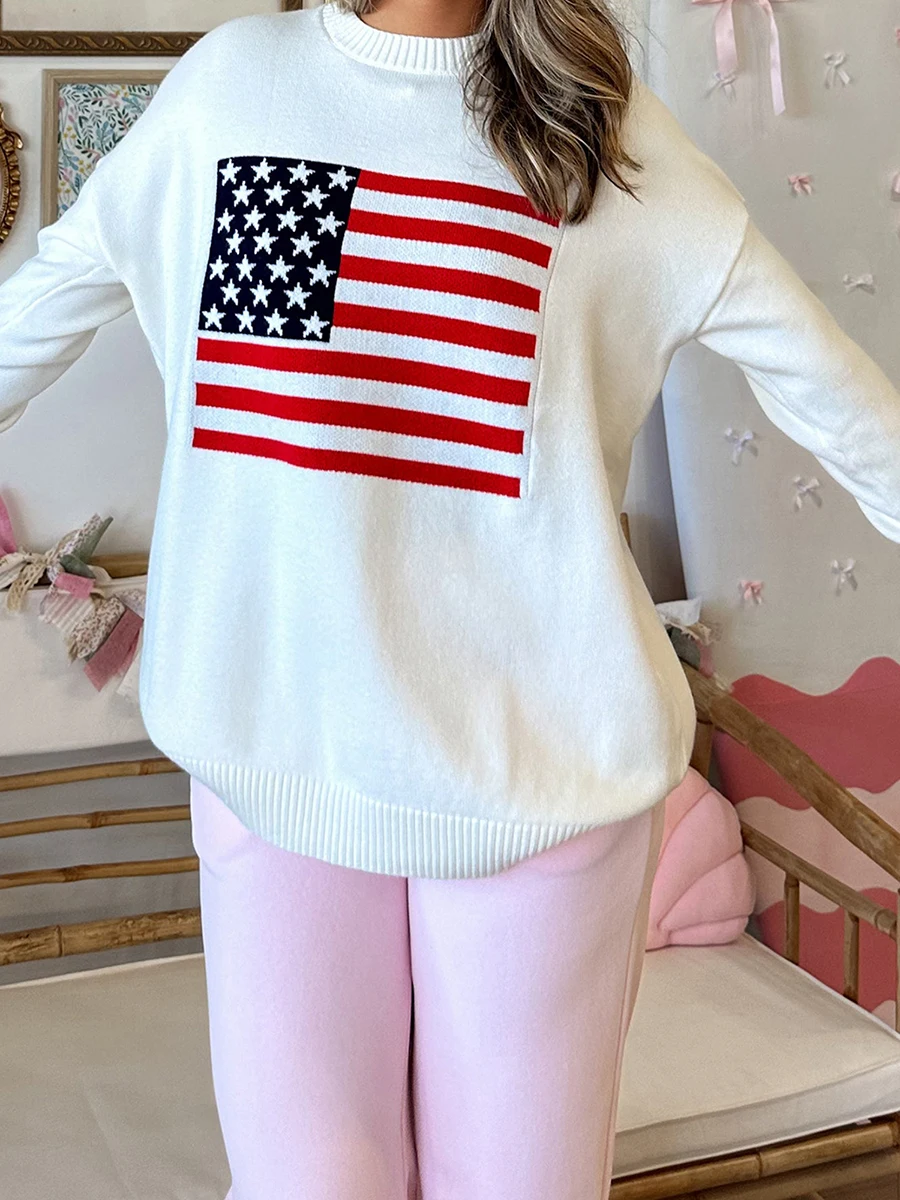

Women s Casual Long Sleeve Round Neck Knit Sweater with Vintage American Flag Print Loose Pullover for Spring