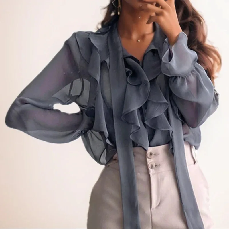 

Весенняя шифоновая блузка, модные офисные топы для женщин, рубашка с красивым бантом, повседневная женская одежда с длинными рукавами, блузки f