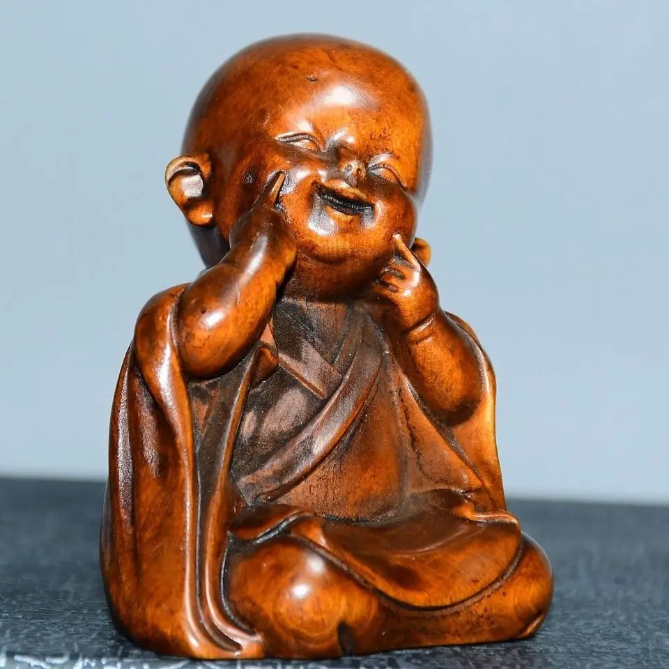 Hand Carved Wood naughty monk Statue Figurine Desktop Ornaments Home Decoration Crafts Tea Pet Decor