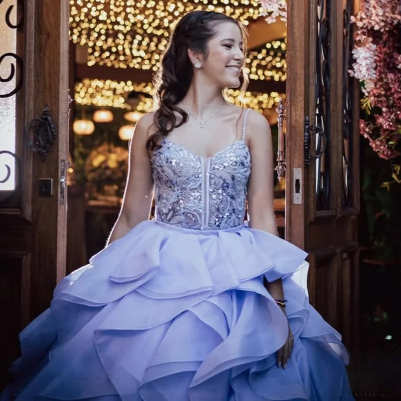 

Lavender Quinceanera Dress Glitter Decal Lace layering Bow Long tail Vestidos De 15 Quinceanera ﻿Customize