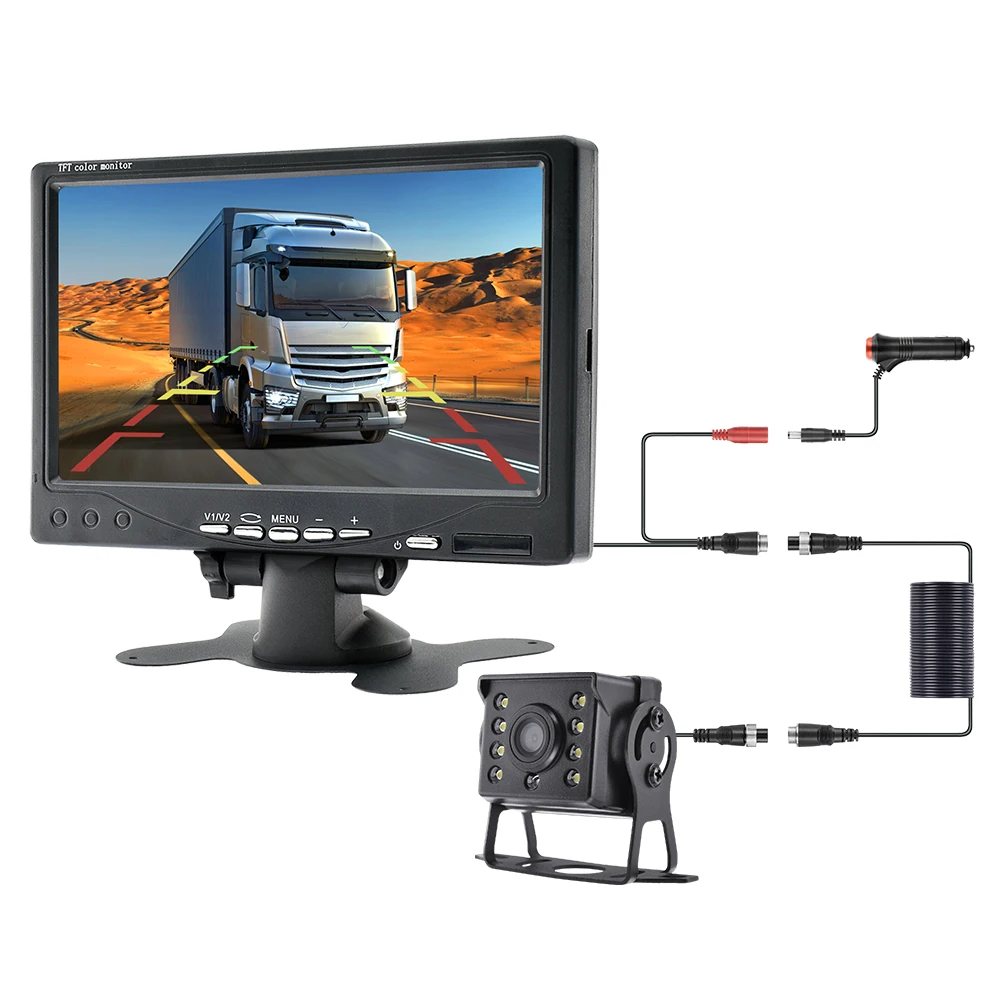 1080P RCA Rear View Camera Parking Sensor System 7in Car Monitor 10m Video Cable for Rv Truck Bus Van