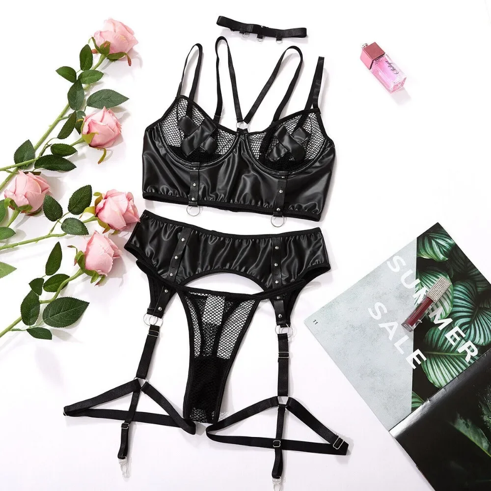Garter Bra Sets Baby Doll Open Bra Fantasy Fashion Sexy PU Leather Sleepwear Lingerie Temptation Garter Underwear Nightwear 9