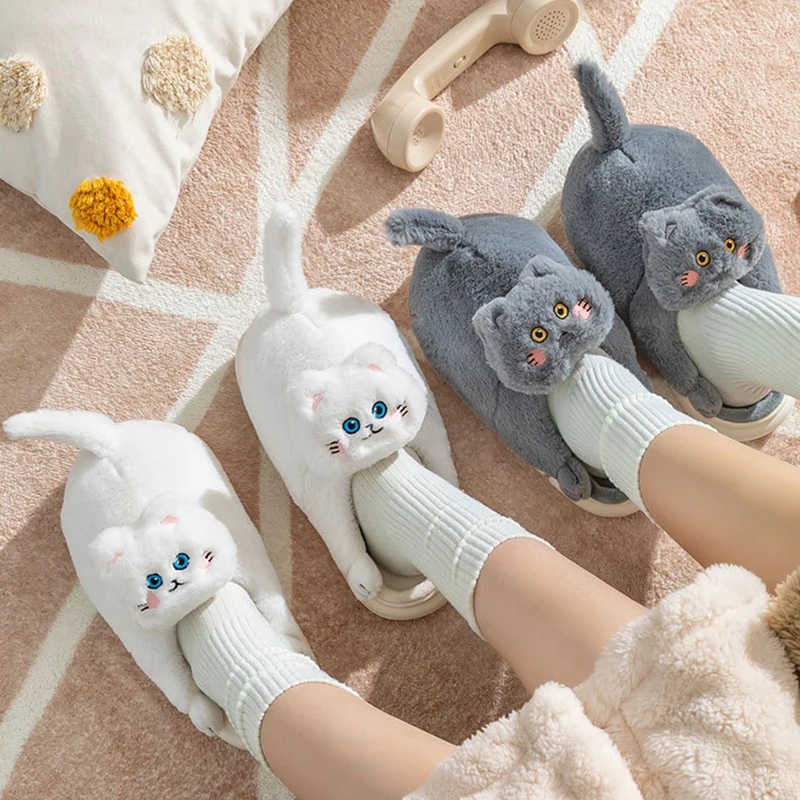 Cat Slippers Women Home Furry Slippers Winter Warm Slippers Indoor Floor Kawaii Floor Shoes Cat Funny Gift Couple Plush Slippers