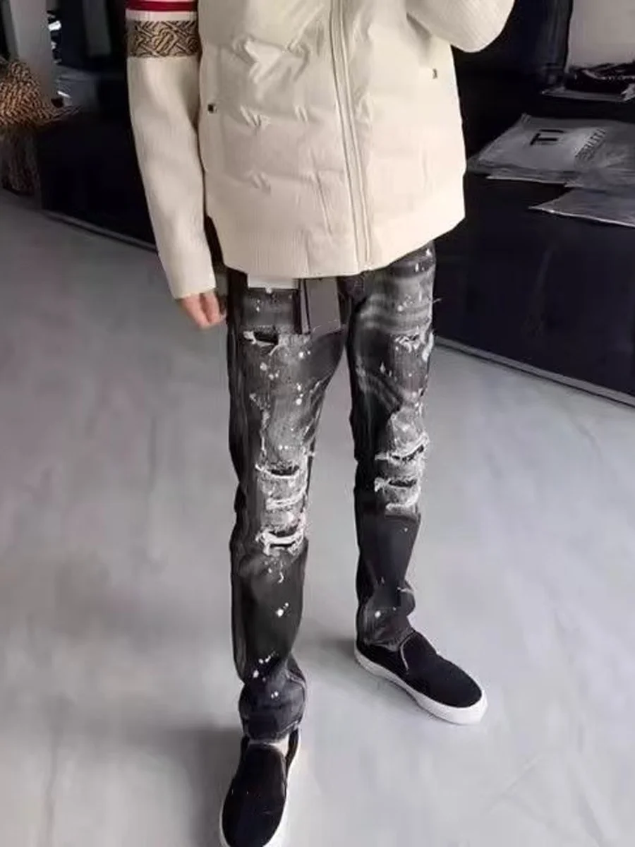 

Retro Waed Men's Straight Leg Jeans Trendy Hole Punching Dyeing Casual Wear Resistant mid Waist Zipper Fly Spring Autumn Wi...