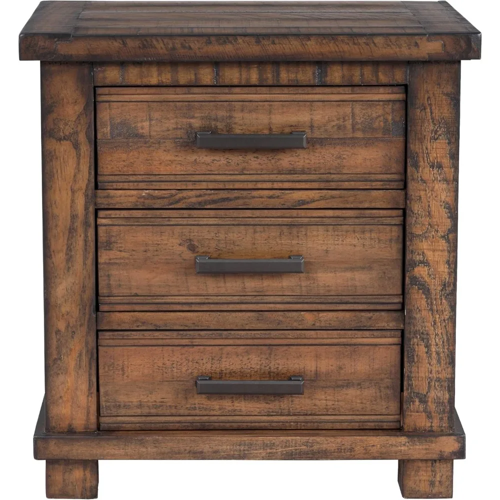 منضدة مزرعة ذات 3 أدراج، طاولة بجانب السرير من خشب الصنوبر المستصلحة، طاولة جانبية للأريكة مع مقابض معدنية عتيقة، Fu