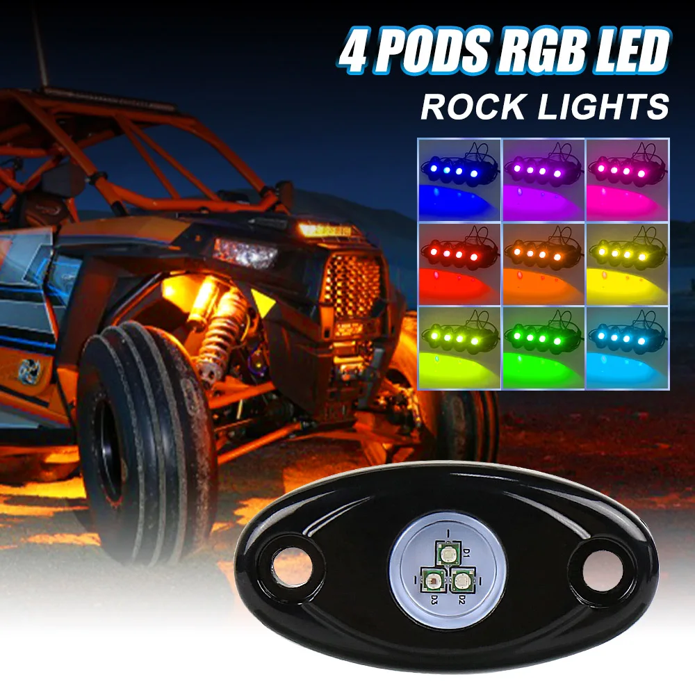 

MOVOTOR 4 шт. RGB светодиодный рок-светильник, многоцветный музыкальный фонарик с беспроводным управлением для внедорожников, квадроциклов, внедорожников