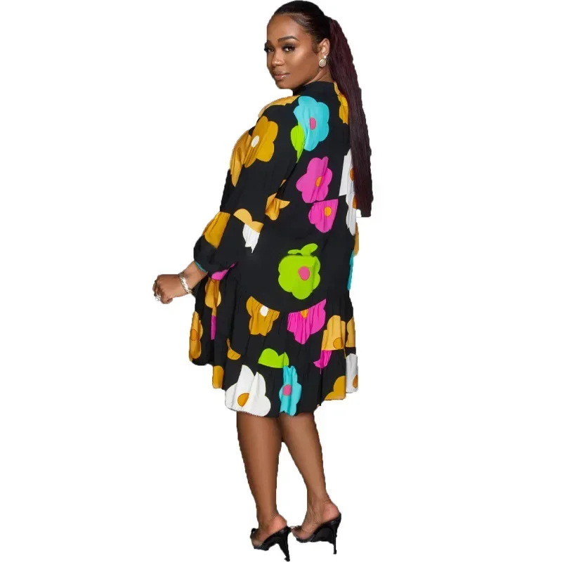 2023 primavera otoño africano elegante mujer manga larga cuello pico poliéster estampado negro verde blanco vestido S-2XL vestidos africanos