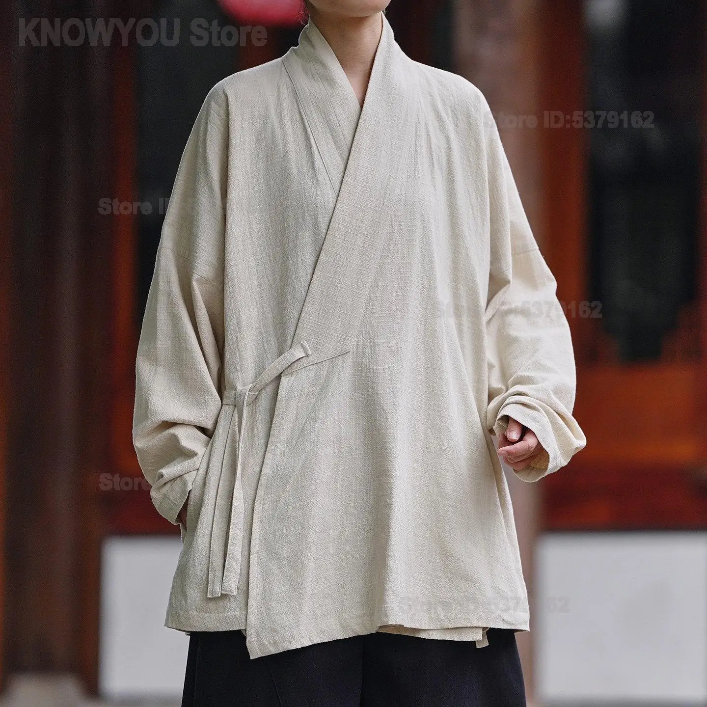 Men New Chinese Modified Hanfu Robe Cross Collar Tie Up Loose Zen Style Coarse Cotton Long Sleeve Lay Practitioner Outfit