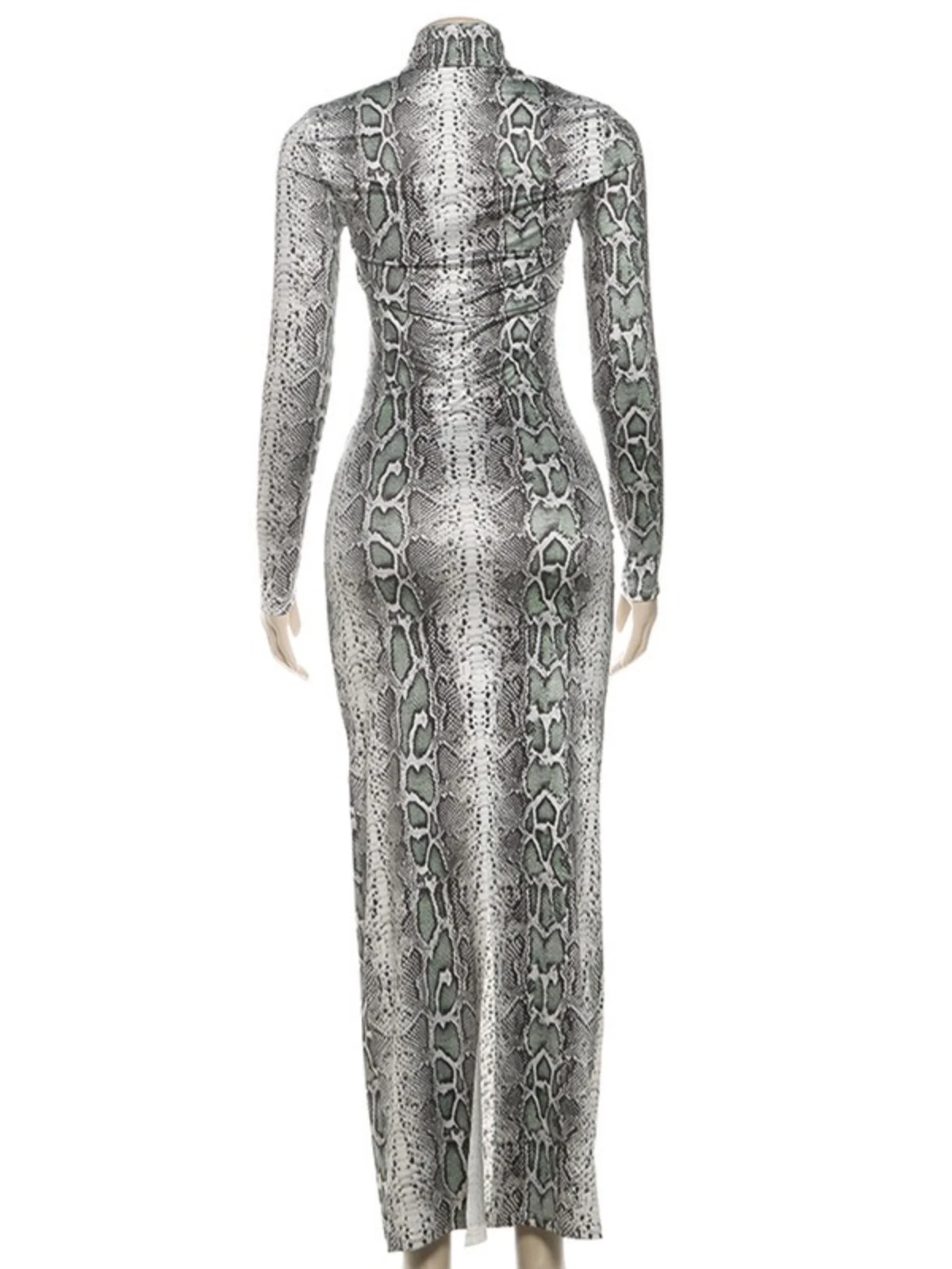 SsTss Fashion Women Snake Print Long Dress Sexy Turtleneck Long Sleeve Metal Circle Cut Out Slim Bodycon Midnight Party Dresses