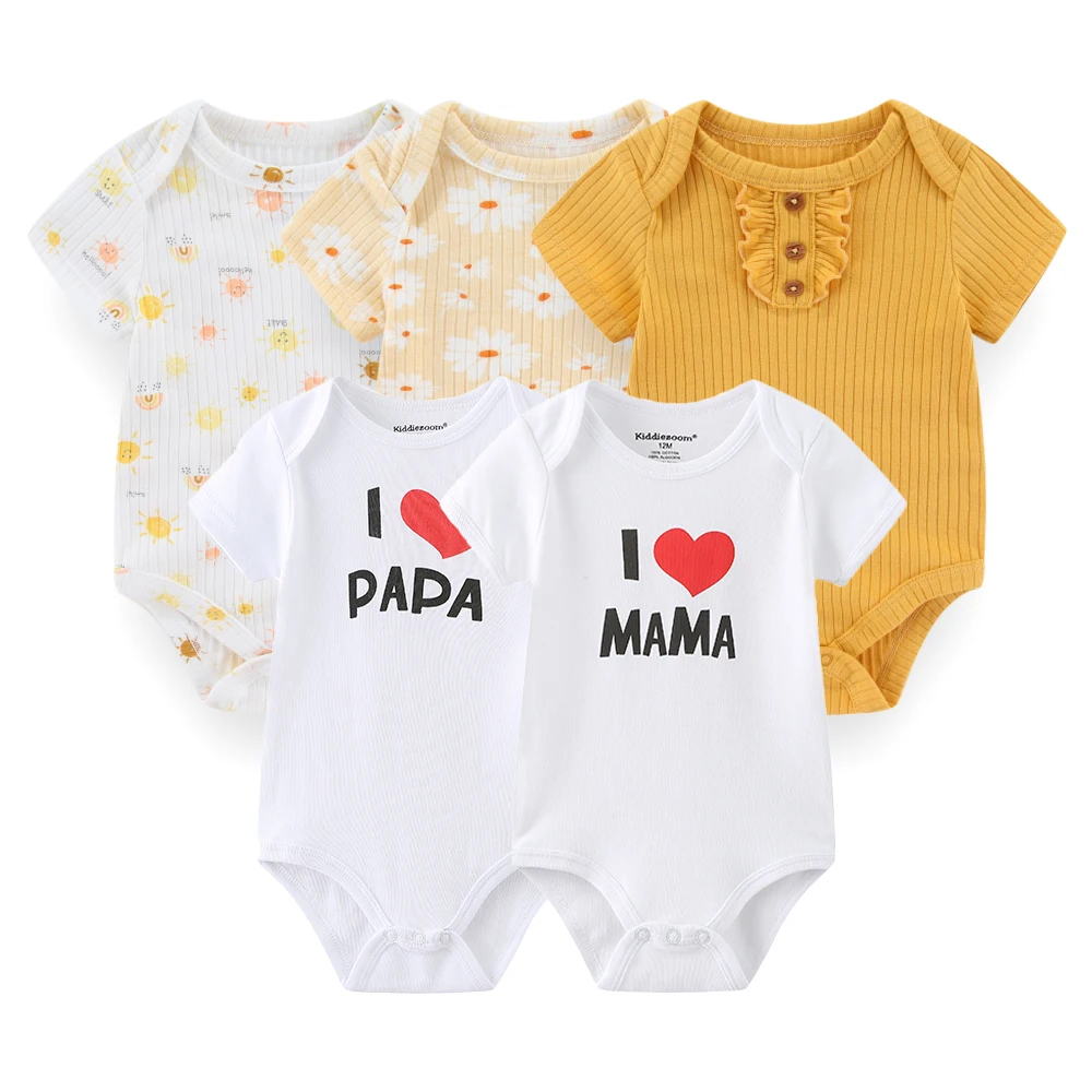 5-Pack Cartoon Baby Boy Girl Bodysuits Summer Short Sleeve Newborn Unisex Onesies I Love PAPA MAMA Infant Clothes 0-12 Months