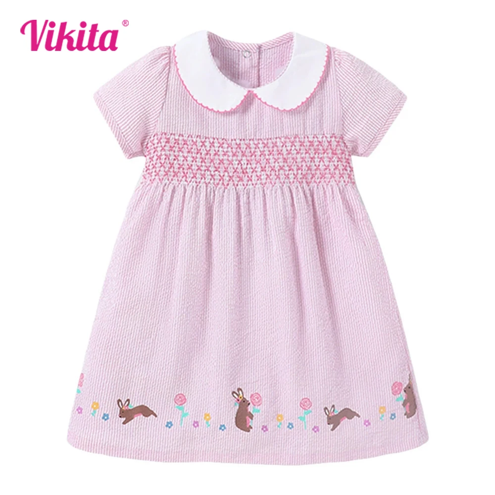 

VIKITA 2025 New Summer Kids Pink Princess Birthday Party Dress Girls Short Sleeve Mouse Flower Cartoon Print Casual Cotton Wear