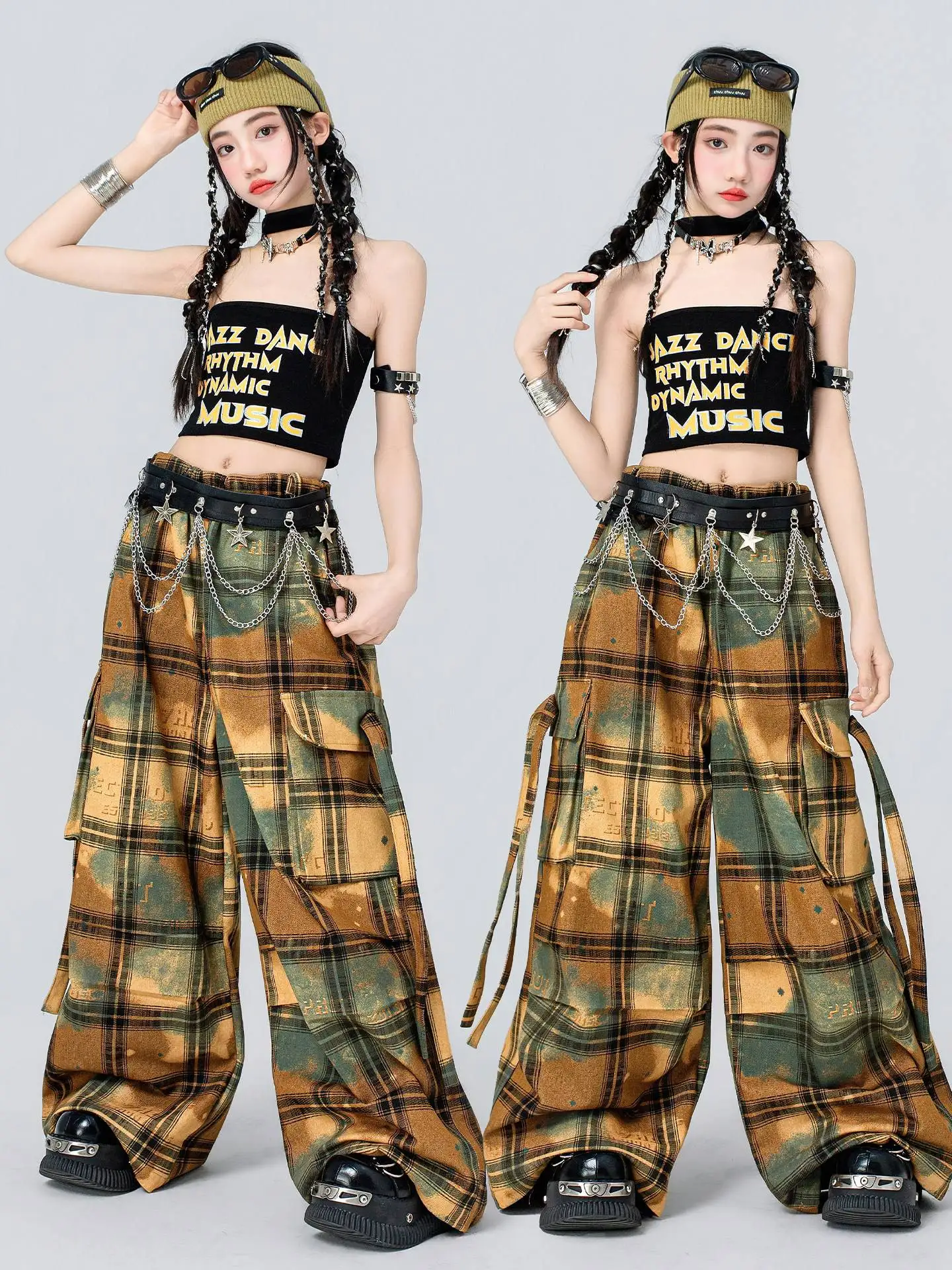 tenue-de-danse-jazz-ete-2026-pour-filles-–-haut-court-noir-et-pantalon-a-carreaux-–-costume-kpop-hip-hop-pour-concert-–-ensemble-enfant-bl19463