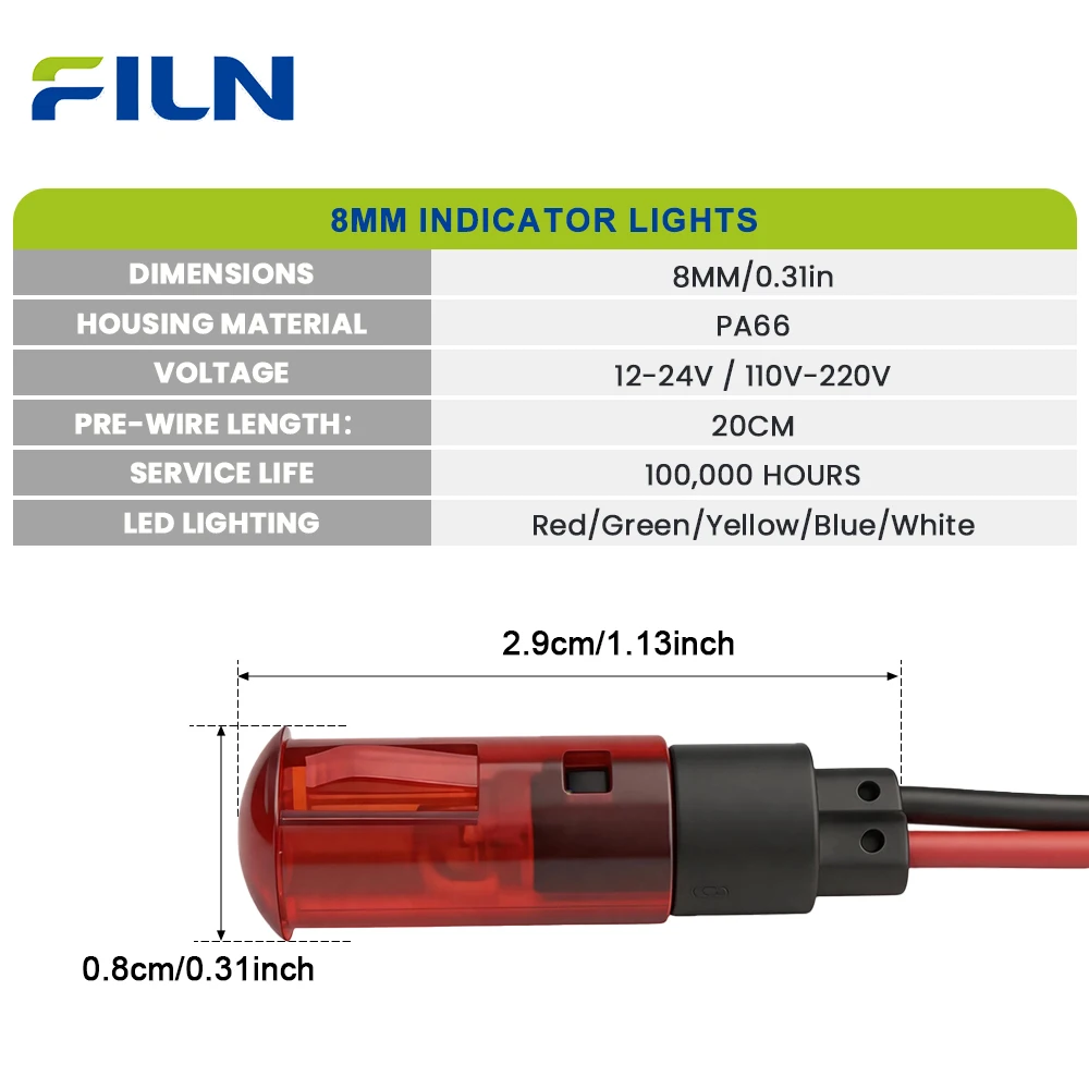 FILN 3PCS 8mm IP67 Waterproof LED Indicator Light 12V-24V Pre-Wired Mount Status Light for Car Boat Industrial Control Dashboard