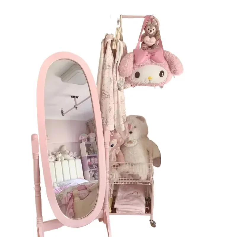 for All Solid Wood Floor to Ceiling Full Length Mirror No Deformation Living Room Bedroom Princess Style Cherry Blossom Pink